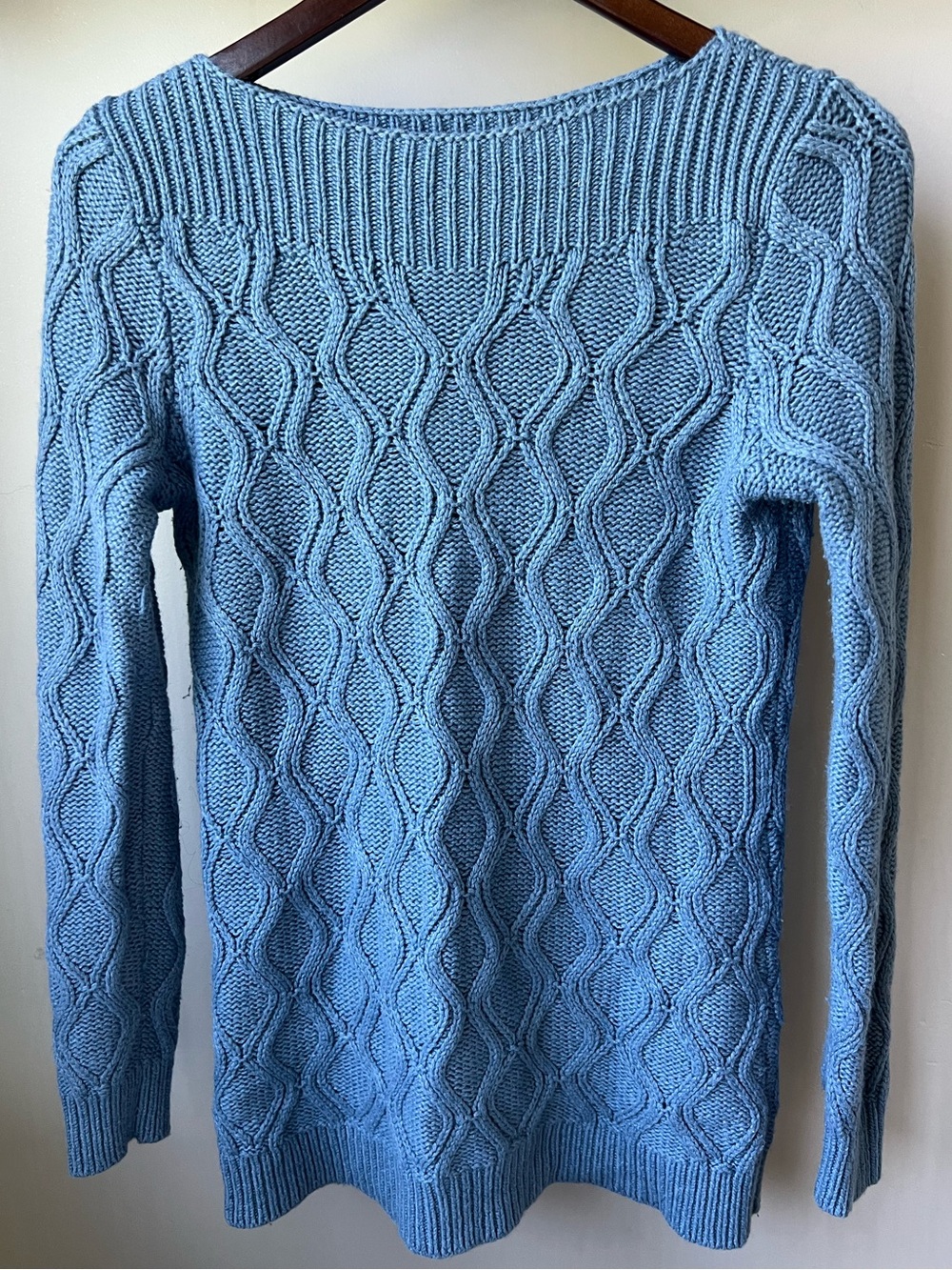 Loft Blue Wool Blend Diamond Lattice Wavy Cable Knit Boat Neck Sweater Womens M